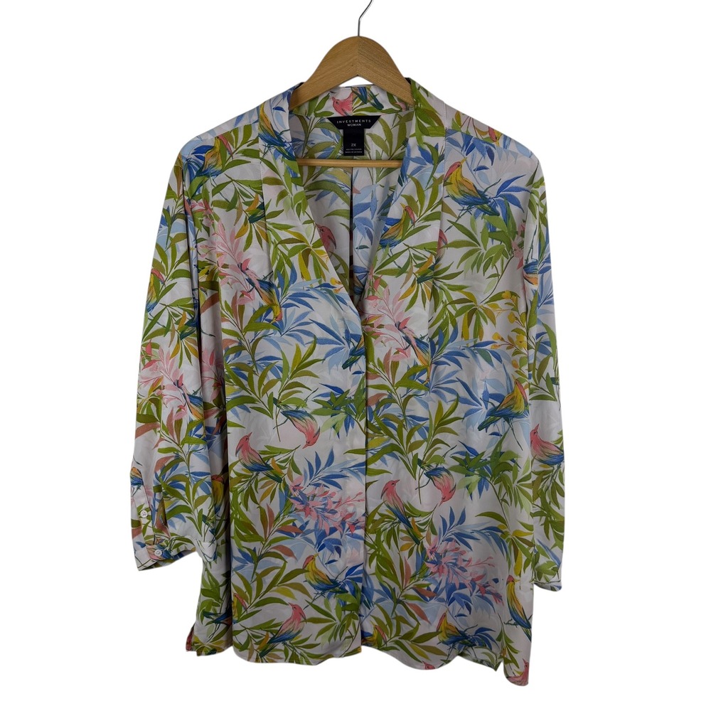 Investments Floral Bird Print Blouse Size 2X‎ Lightweight Sheer Tropical Boho